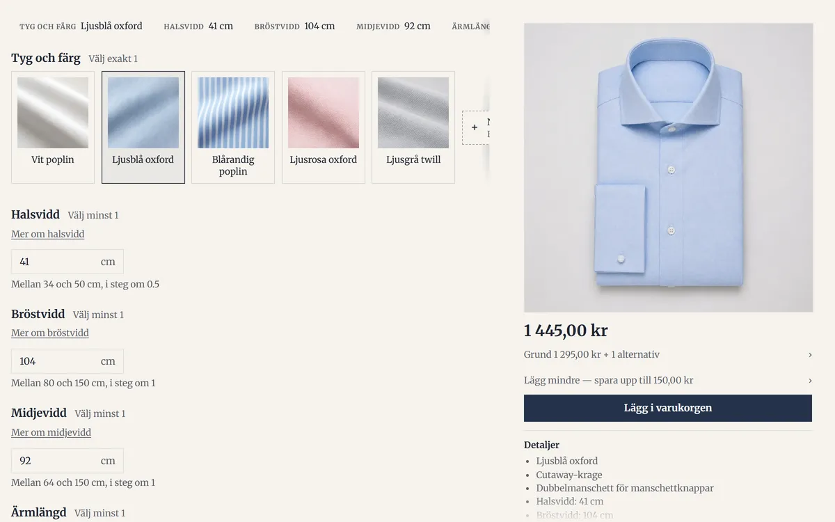 The made-to-measure demo store with a shirt in light blue oxford, a neck of 41 cm, a chest of 104 cm and a waist of 92 cm given, each between the limits it is made in, a cutaway collar and double cuffs, at 1,445 kronor.
