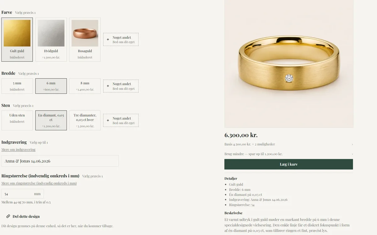 The jewellery demo store with a wedding ring in yellow gold, 6 mm wide with one diamond, "Anna & Jonas 14.06.2026" typed to engrave and a ring size of 54 mm given as the inner circumference, at 6,300 kroner.