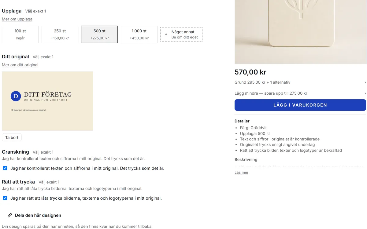 Demobutikken for tryk med visitkort på cremefarvet papir, et oplag på 500 valgt, kundens eget originalmateriale uploadet og to felter krydset af: at filen er kontrolleret, og at kunden må lade den trykke, til 570 svenske kroner.